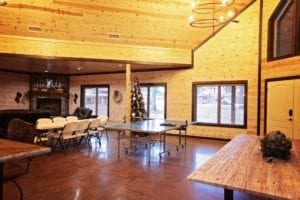 cabin living room with fireplace, ping pong table